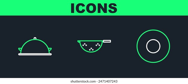 Set line Plate, Covered with tray of food and Kitchen colander icon. Vector