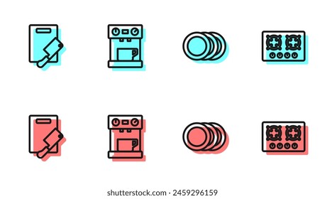 Set line Plate, Cutting board and meat chopper, Coffee machine and Gas stove icon. Vector