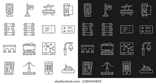 Línea Plate con comida, campana de estación de tren, señalización de tráfico, Draisine o handcar, Ferrocarril, ferrocarril, ferrocarril de vías rojas, puesto de información e icono de boleto. Vector