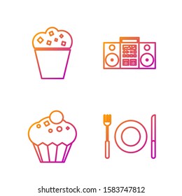 Set line Plate, fork and knife , Muffin , Popcorn in cardboard box  and Home stereo with two speakers . Gradient color icons. Vector