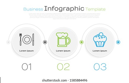 Set line Plate, fork and knife , Wooden beer mug  and Muffin . Business infographic template. Vector