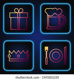 Set line Plate, fork and knife , Crown , Gift box  and Wooden beer mug . Gradient color icons. Vector