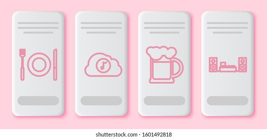 Set line Plate, fork and knife , Music streaming service , Wooden beer mug  and Home stereo with two speakers . White rectangle button. Vector