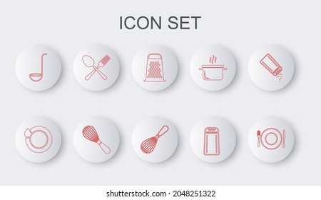 Set line Plate, fork and knife, Washing dishes, Grater, Salt pepper, Kitchen ladle, Crossed spoon, whisk and  icon. Vector