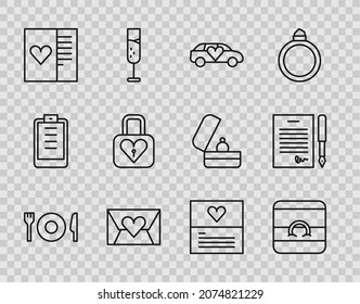 Set line Plate, fork and knife, Wedding rings, Limousine car, Envelope with Valentine heart, Postcard, Lock, Greeting and Marriage contract icon. Vector