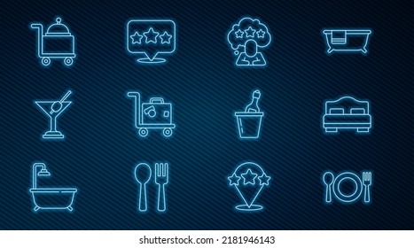 Fija línea Plate, tenedor y cuchillo, cama de habitación de hotel, Revisión de clasificación de cinco estrellas, Maleta, vidrio Martini, Cubierta con bandeja, cubo de hielo de champán e icono. Vector