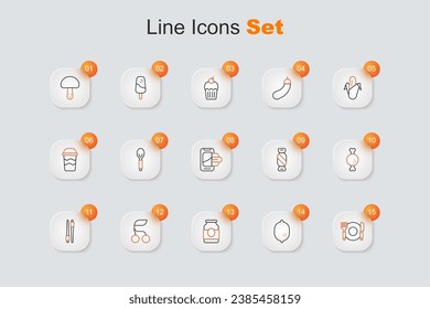 Set line Plate, fork and knife, Lemon, Jam jar, Fresh berries, Food chopsticks, Chicken leg, Candy and ordering mobile icon. Vector
