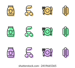 Set line Plate, fork and knife, Jam jar, Fresh berries and Hotdog icon. Vector