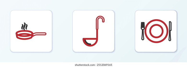 Set line Plate, fork and knife, Frying pan and Kitchen ladle icon. Vector