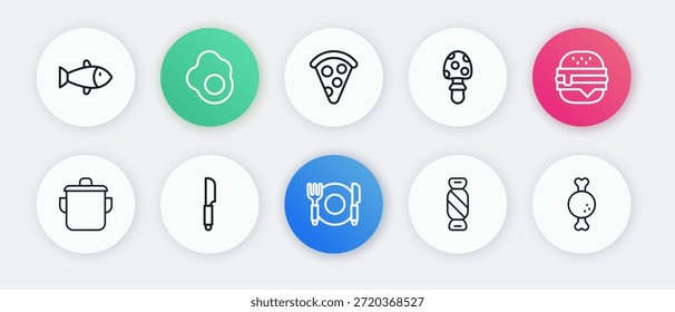 Definir linha Placa, garfo e faca, hambúrguer, panela de cozinha, Doce, cogumelo agárico mosca, Fatia de pizza, perna de frango e ícone de faca. Vetor