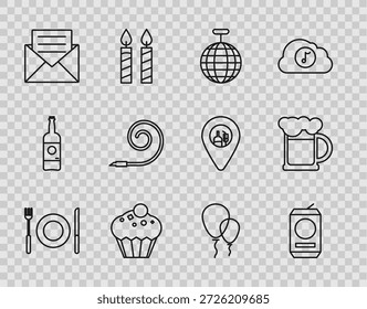 Set line Placa, garfo e faca, lata de cerveja, Disco ball, muffin, envelope com cartão de convite, chifre de festa de aniversário, balões fita e ícone de caneca de cerveja de madeira. Vetor