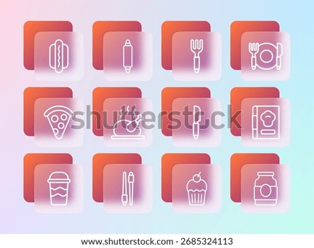 Set line Plate, fork and knife, Food chopsticks, Knife, Muffin, Roasted turkey chicken, Fork, Hotdog and Rolling pin icon. Vector