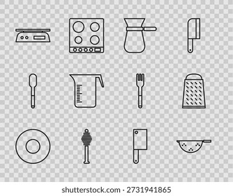 Set line Placa, colador de cocina, café turk, palo de miel, escalas Electrónicas, taza de medición, picador de carne y rallador icono. Vector