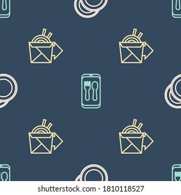 Set line Plate, Online ordering noodles delivery and and on seamless pattern. Vector
