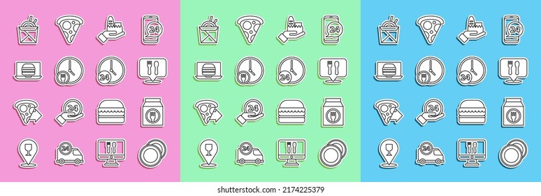 Set line Plate, Online ordering and delivery, Cafe restaurant location, Round the clock, burger, Asian noodles chopsticks and Clock 24 hours icon. Vector