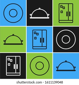 Set line Plate, Refrigerator and Covered with a tray of food icon. Vector