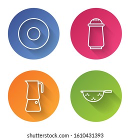 Set line Plate, Salt and pepper, Moka pot and Kitchen colander. Color circle button. Vector