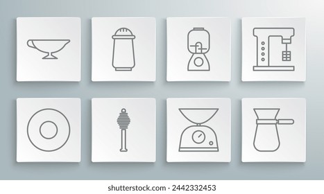 Set line Plate, Salt and pepper, Honey dipper stick, Scales, Coffee turk, Blender, Electric mixer and Sauce boat icon. Vector