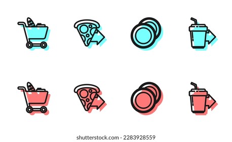 Set line Plate, Shopping cart and food, Online ordering pizza delivery and Coffee cup to go icon. Vector
