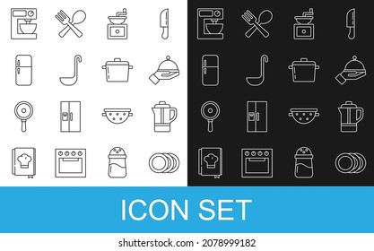 Set line Plate, Teapot, Covered with tray, Manual coffee grinder, Kitchen ladle, Refrigerator, Electric mixer and Cooking icon. Vector