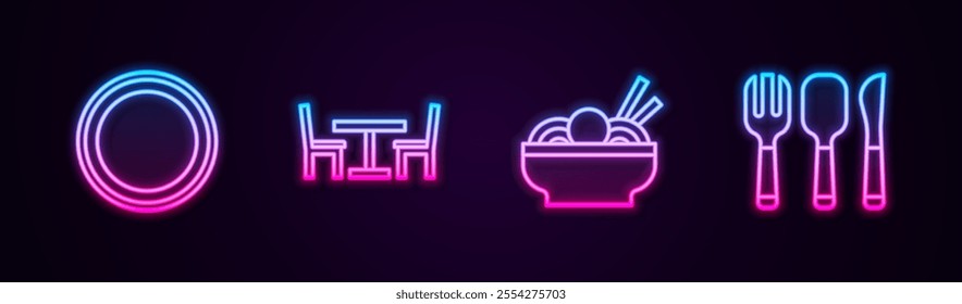 Set line Plate, Wooden table with chair, Asian noodles in bowl and Fork, spoon and knife. Glowing neon icon. Vector