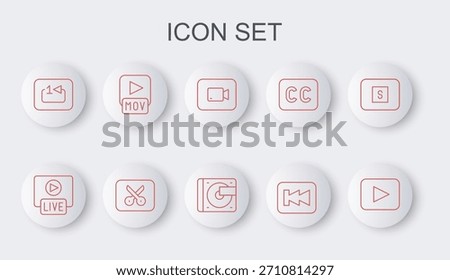 Set line Play button, Live stream, video, Rewind, Repeat track music player, MOV file, Music or editing and Vinyl with vinyl disk icon. Vector