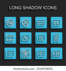 Set line Play-Taste, Videorecorder oder Editor, Verbot keine Videoaufzeichnung, Wiederholen, Lautsprecher-Lautstärke, Foto-Retusche, Stereo-Lautsprecher und Pause-Symbol. Vektorgrafik