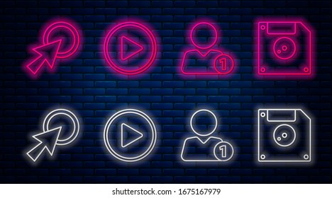 Set line Play in circle, Add to friend, Arrow cursor and Floppy disk for computer data storage. Glowing neon icon on brick wall. Vector