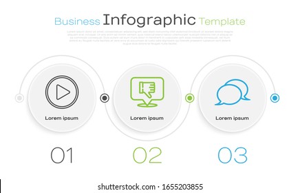 Set line Play in circle, Dislike in speech bubble and Speech bubble chat. Business infographic template. Vector