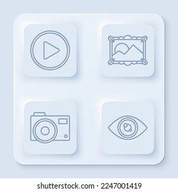 Set line Play in circle, Picture landscape, Photo camera and Eye. White square button. Vector