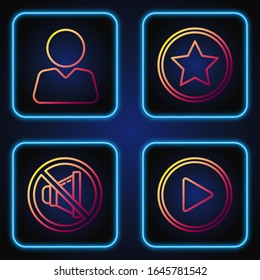 Set line Play in circle, Speaker mute, Add to friend and Star. Gradient color icons. Vector