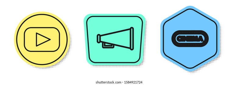 Set line Play , Megaphone  and Cinema poster design template . Colored shapes. Vector