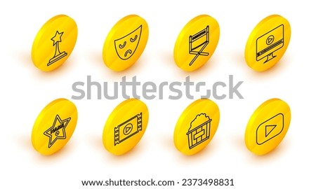 Set line Play, Popcorn in cardboard box, Video, Hollywood walk of fame star on celebrity boulevard, Online play video, Director movie chair, Drama theatrical mask and Movie trophy icon. Vector