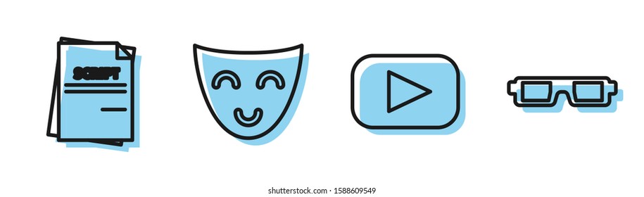 Set line Play , Scenario , Comedy theatrical mask  and 3D cinema glasses  icon. Vector