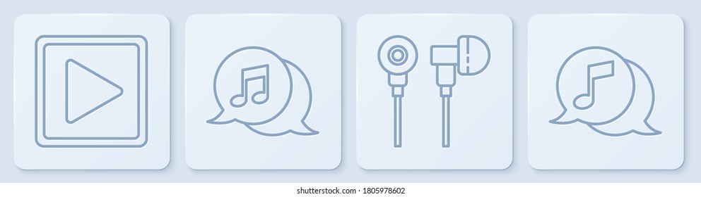 Fijar la línea Reproducir en cuadrado, Auriculares, Nota musical en burbuja de habla y Nota musical en burbuja de habla. Botón cuadrado blanco. Vector