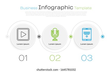 Establecer línea Reproducir en cuadrado, Micrófono y Tablet. Plantilla de infografía empresarial. Vector