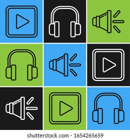 Establecer línea Reproducir en cuadrado, volumen del altavoz e icono de auriculares. Vector