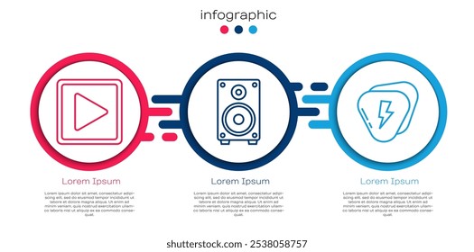 Set line Play in square, Stereo speaker and Guitar pick. Business infographic template. Vector