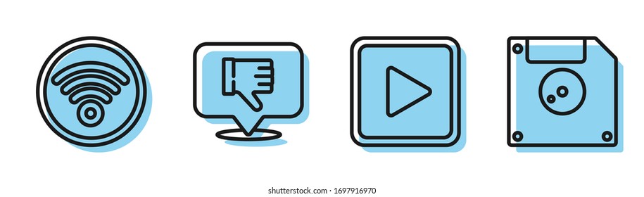 Set line Play in square, Wi-Fi wireless internet network, Dislike in speech bubble and Floppy disk for computer data storage icon. Vector