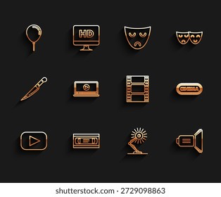 Set Line Play, VHS Videokassettenband, Ballon mit Band, Tischlampe, Kinospot, Online-Spiel, Vorlage für das Design eines Kinoposters und Video-Icon. Vektorgrafik