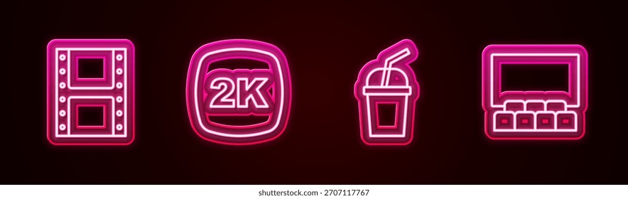 Video Set line Play, 2k Ultra HD, Vidrio de papel con agua y pantalla de auditorio de cine. Icono de neón brillante. Vector