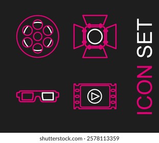 Set line Play Video, 3D cinema glasses, Movie spotlight and Film reel icon. Vector