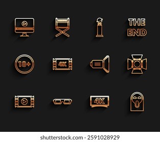 Set line Play Video, 3D cinema glasses, Online play video, Funny and scary ghost mask, 4k movie, tape, frame, Movie spotlight and  icon. Vector