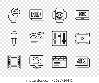 Set line Play Video, 4k Ultra HD, Movie spotlight, Camera and location, Head with camera, clapper,  and Online play video icon. Vector
