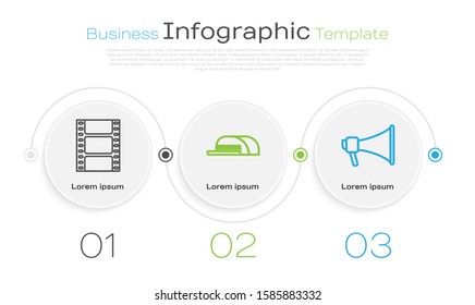Set line Play Video , Cap with inscription director  and Megaphone . Business infographic template. Vector