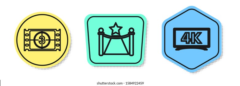 Set line Play Video , Carpet with barriers and star  and Screen tv with 4k Ultra HD video technology . Colored shapes. Vector