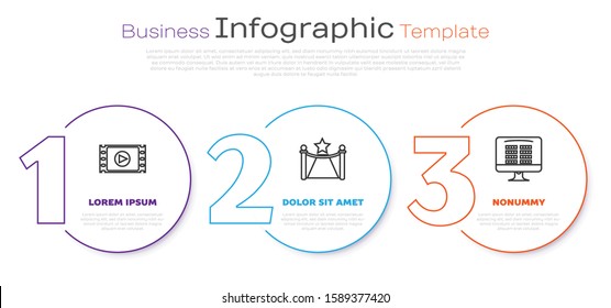Set line Play Video , Carpet with barriers and star  and Buy cinema ticket online . Business infographic template. Vector