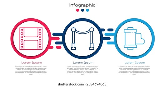 Set line Play Video, Carpet with barriers and Camera vintage film roll cartridge. Business infographic template. Vector