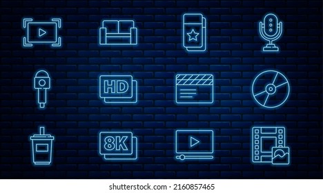 Set line Play Video, CD or DVD disk, Cinema ticket, Hd movie, tape, frame, Microphone, Online play video, Movie clapper and chair icon. Vector