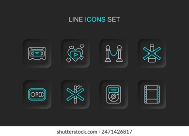 Set line Play video, CD disk award in frame, No smoking, Record button, alcohol, Rope barrier, Romantic movie and VHS cassette tape icon. Vector